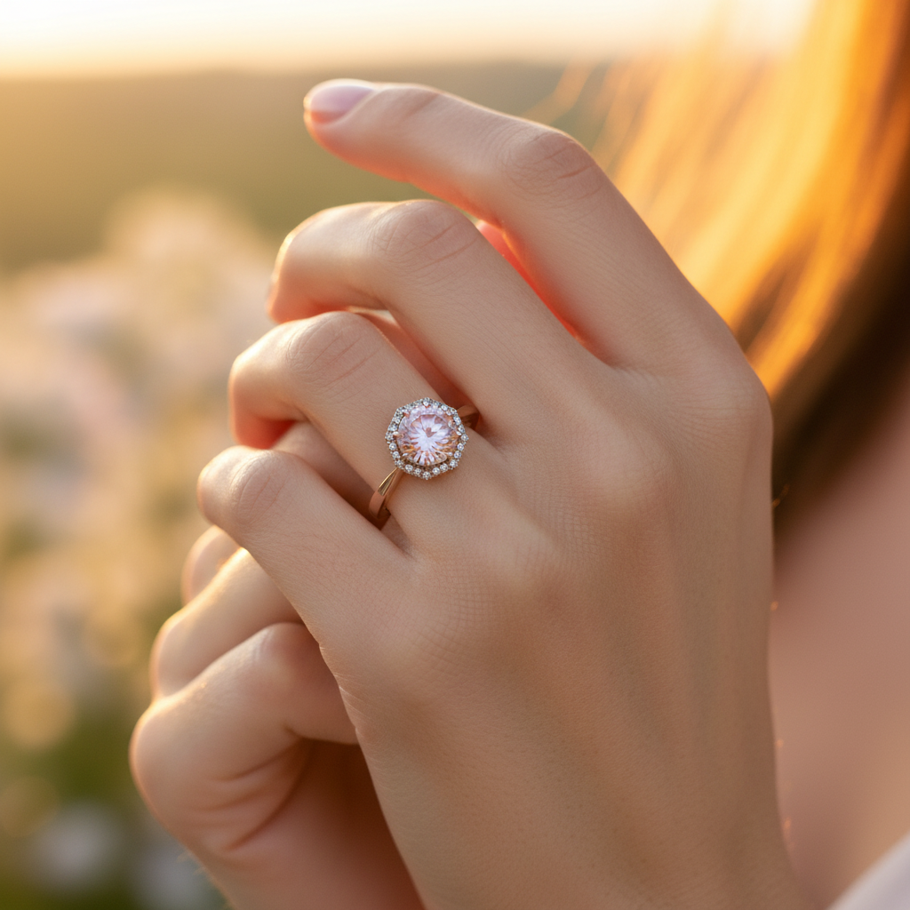 10K Rose Gold Morganite & Diamonds Womens Ring - 0.12ct