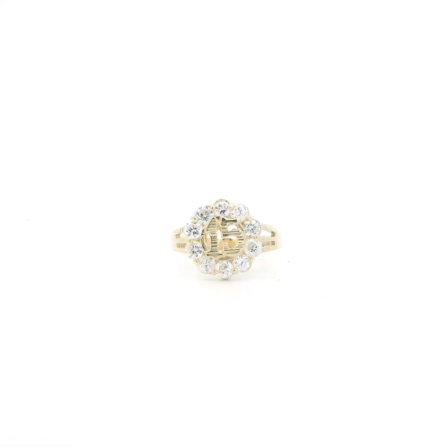 14K Yellow Gold CZ "15" Flower Womens Ring