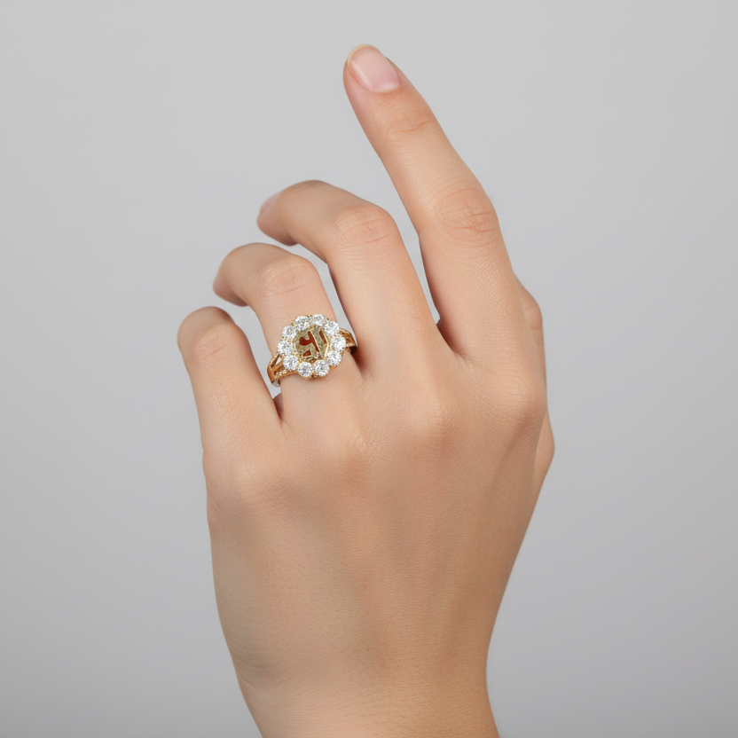 14K Yellow Gold CZ "15" Flower Womens Ring