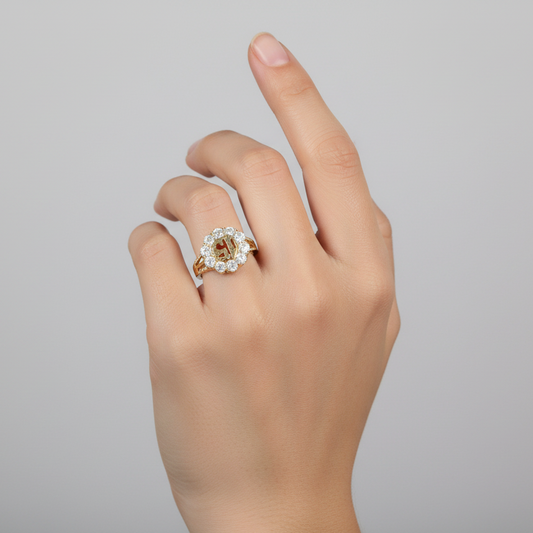 14K Yellow Gold CZ "15" Flower Womens Ring