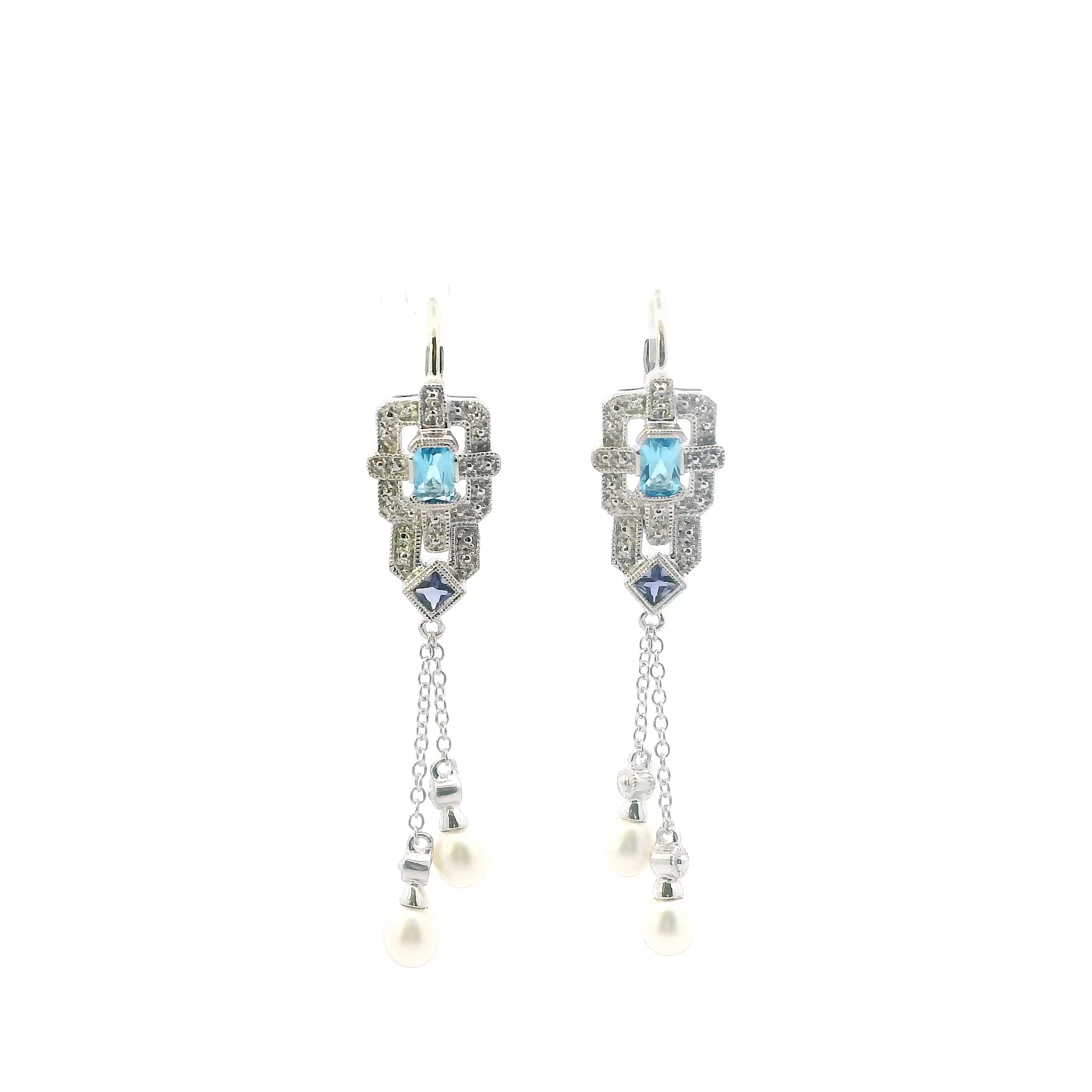 14K White Gold Pearl, Tanzanite, & Topaz Dangle Earrings