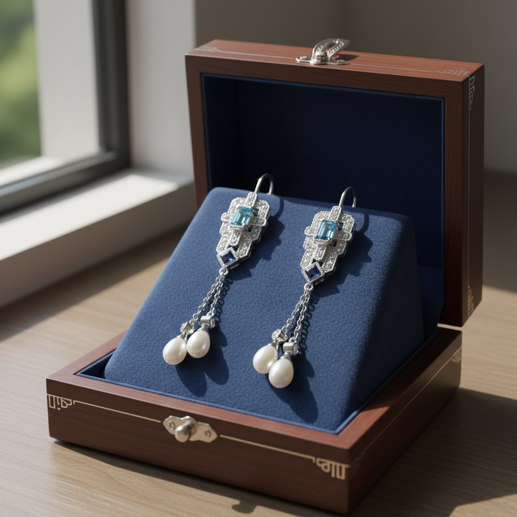 14K White Gold Pearl, Tanzanite, & Topaz Dangle Earrings