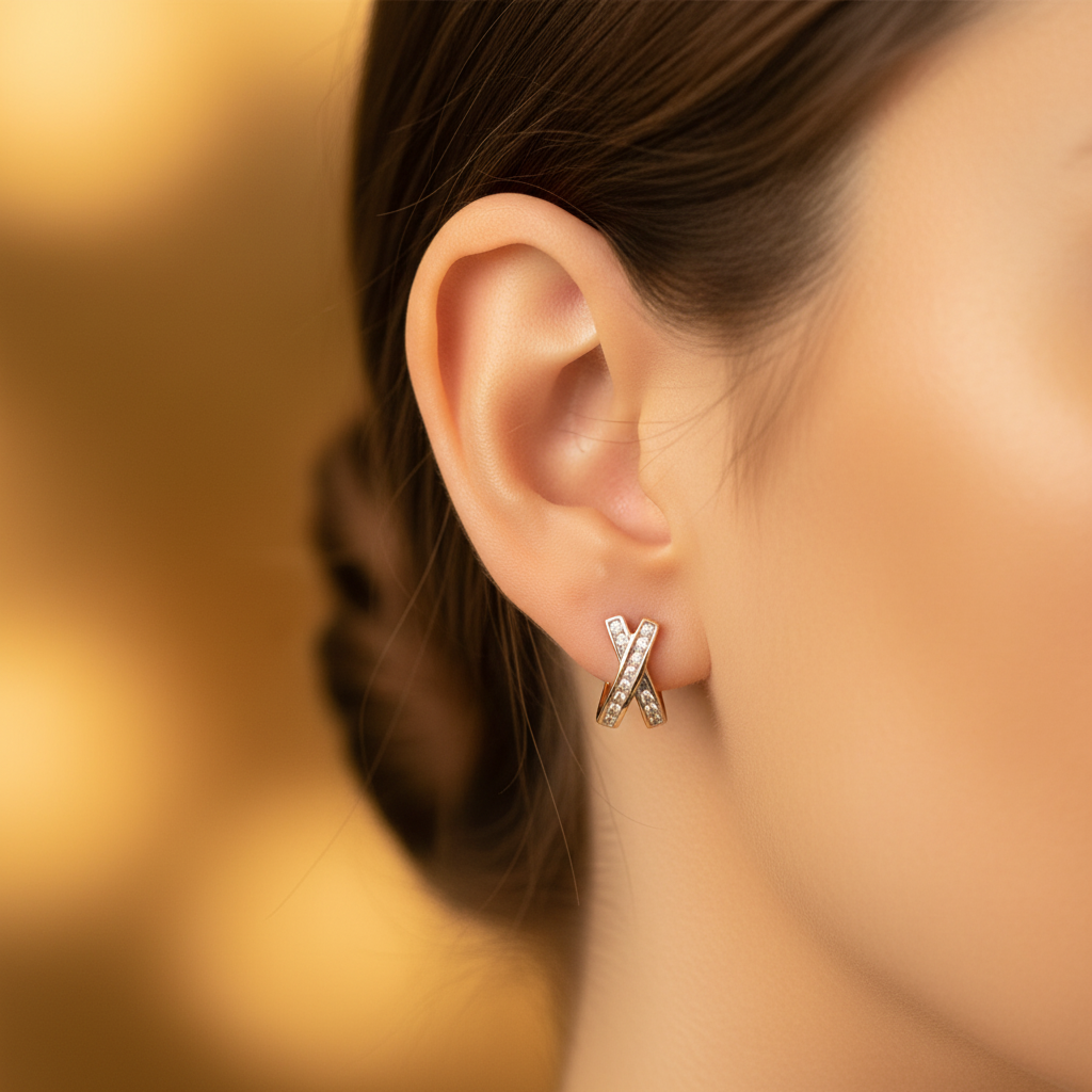 14K Yellow Gold Diamonds X-Shaped Hoop Earring - 0.15ct