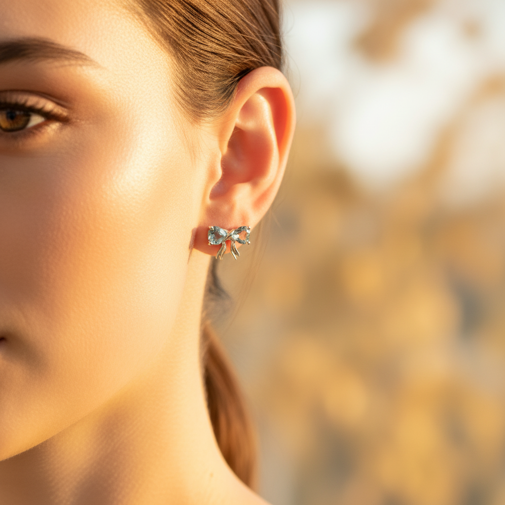 14K Yellow Gold Heart Aquamarine Bow Earrings