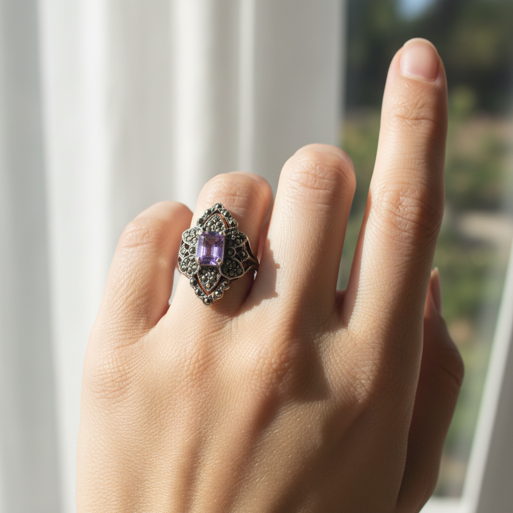 Sterling Silver Marcasite & Amethyst Womens Ring