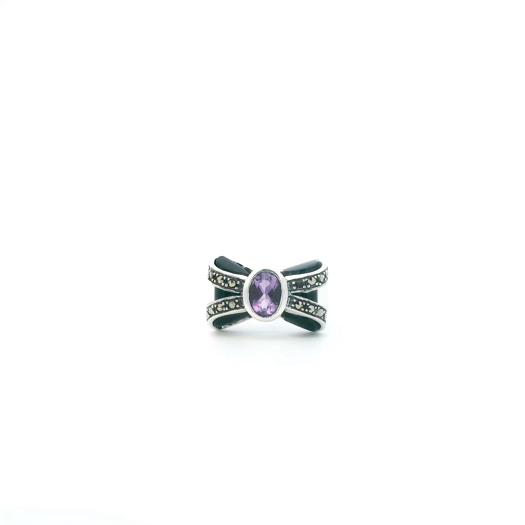 Sterling Silver Marcasite Amethyst Bow Womens Ring