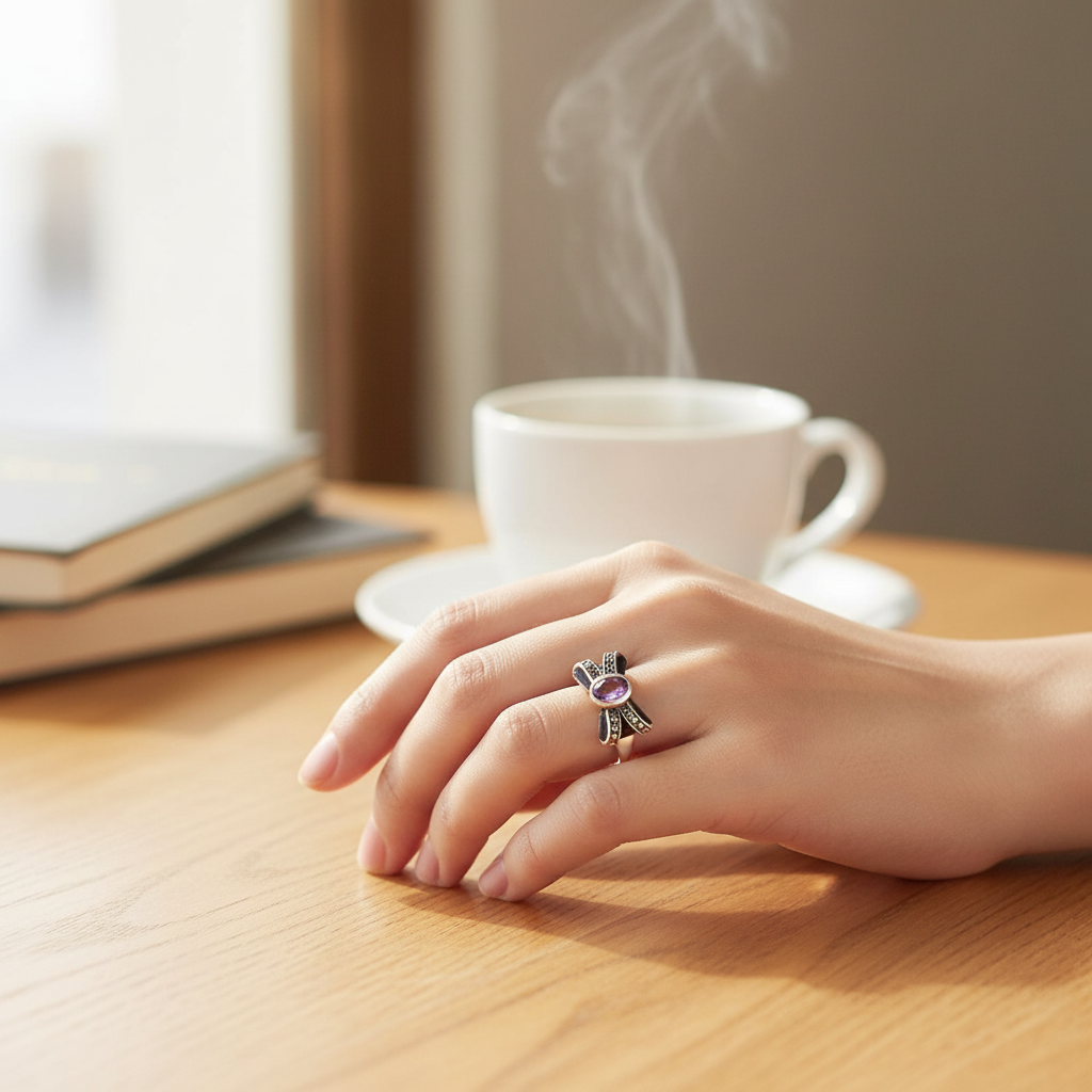 Sterling Silver Marcasite Amethyst Bow Womens Ring