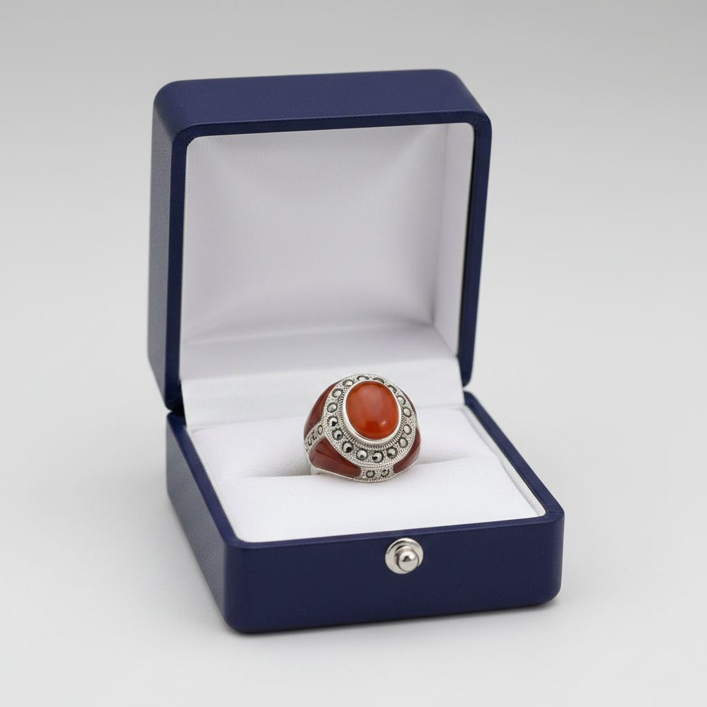 Sterling Silver Marcasite Carnelian Womens Ring