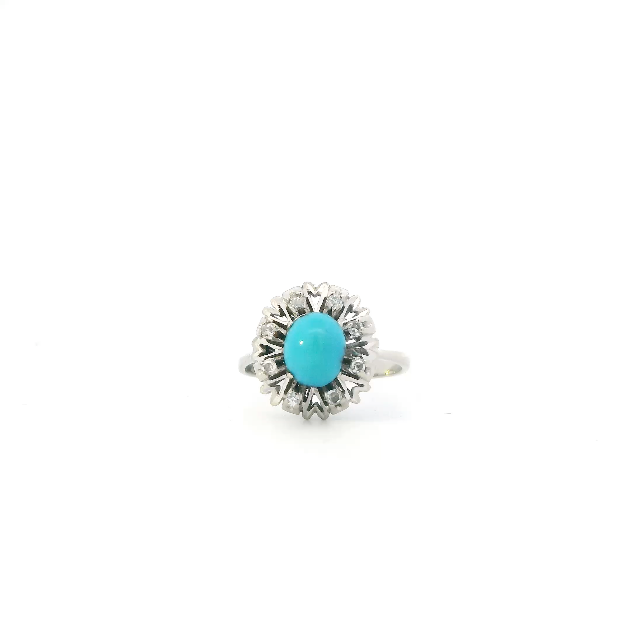 18K White Gold Turquoise & Diamonds Womens Vintage Ring - 0.08ct