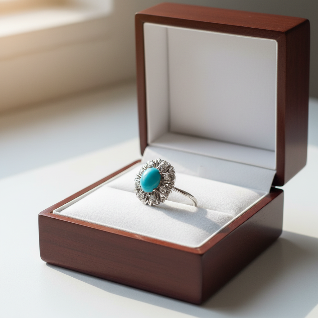 18K White Gold Turquoise & Diamonds Womens Vintage Ring - 0.08ct