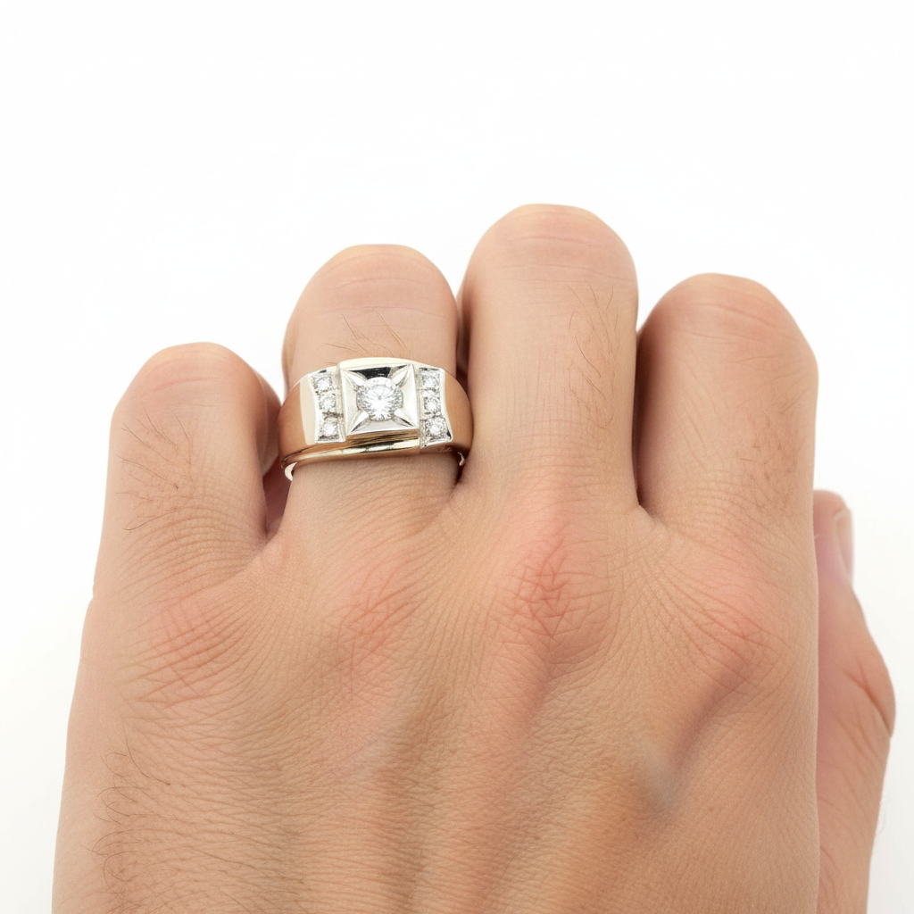 14K Yellow Gold Diamonds Mens Ring - 0.60ct