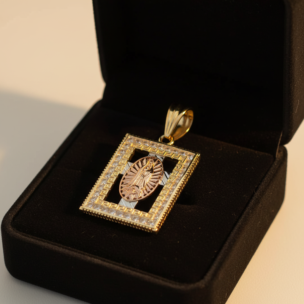 14K Tri Color Rectangle Religious Pendant