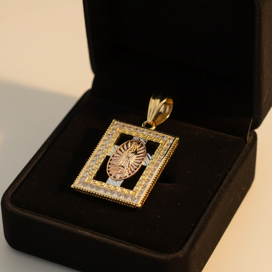 14K Tri Color Rectangle Religious Pendant