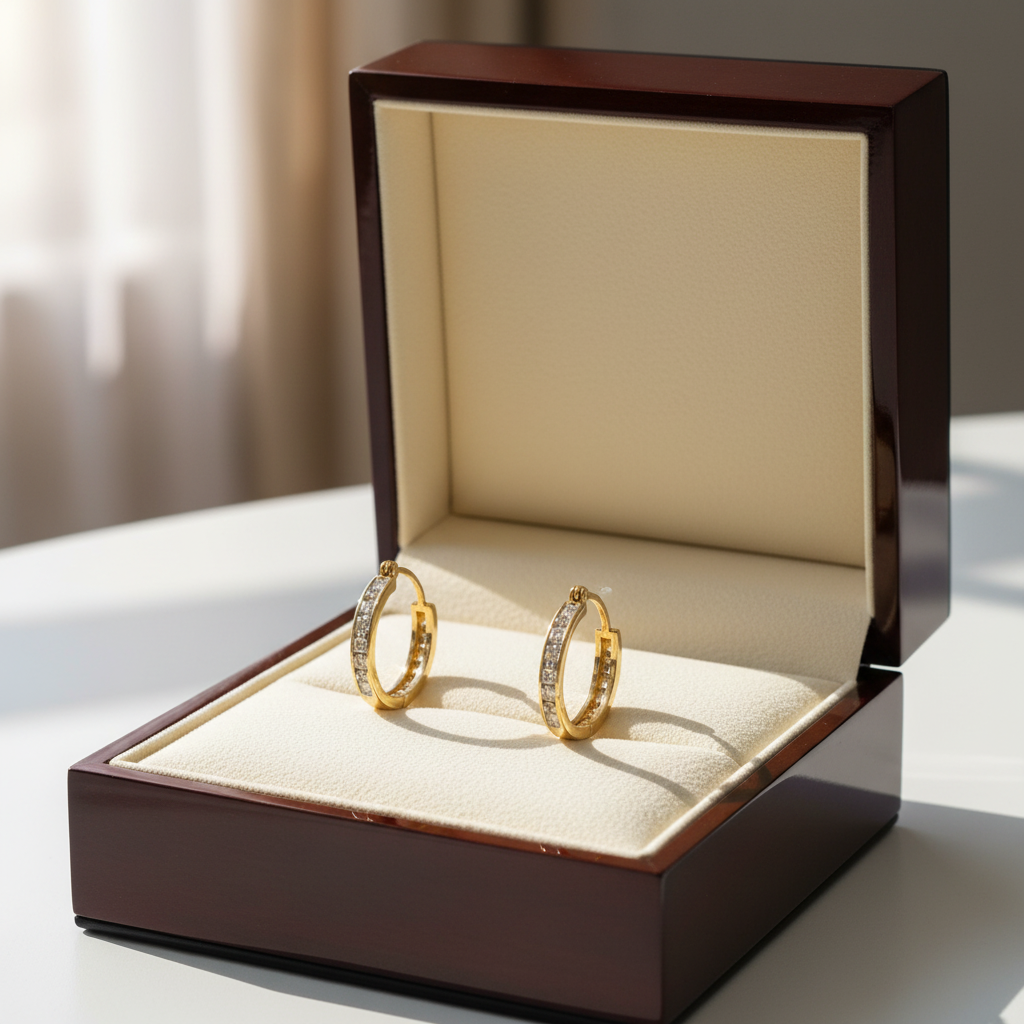 14K Yellow Gold Diamonds Hoop Earrings - 0.07ct