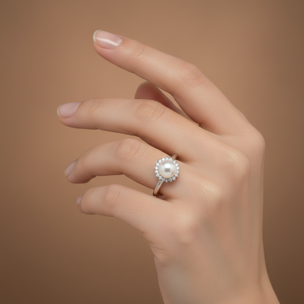 14K White Gold Pearl Halo Womens Ring