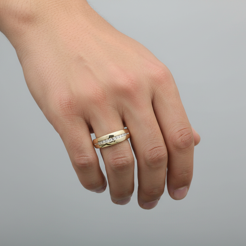 14K Yellow Gold Diamonds Mens Ring - 0.18ct