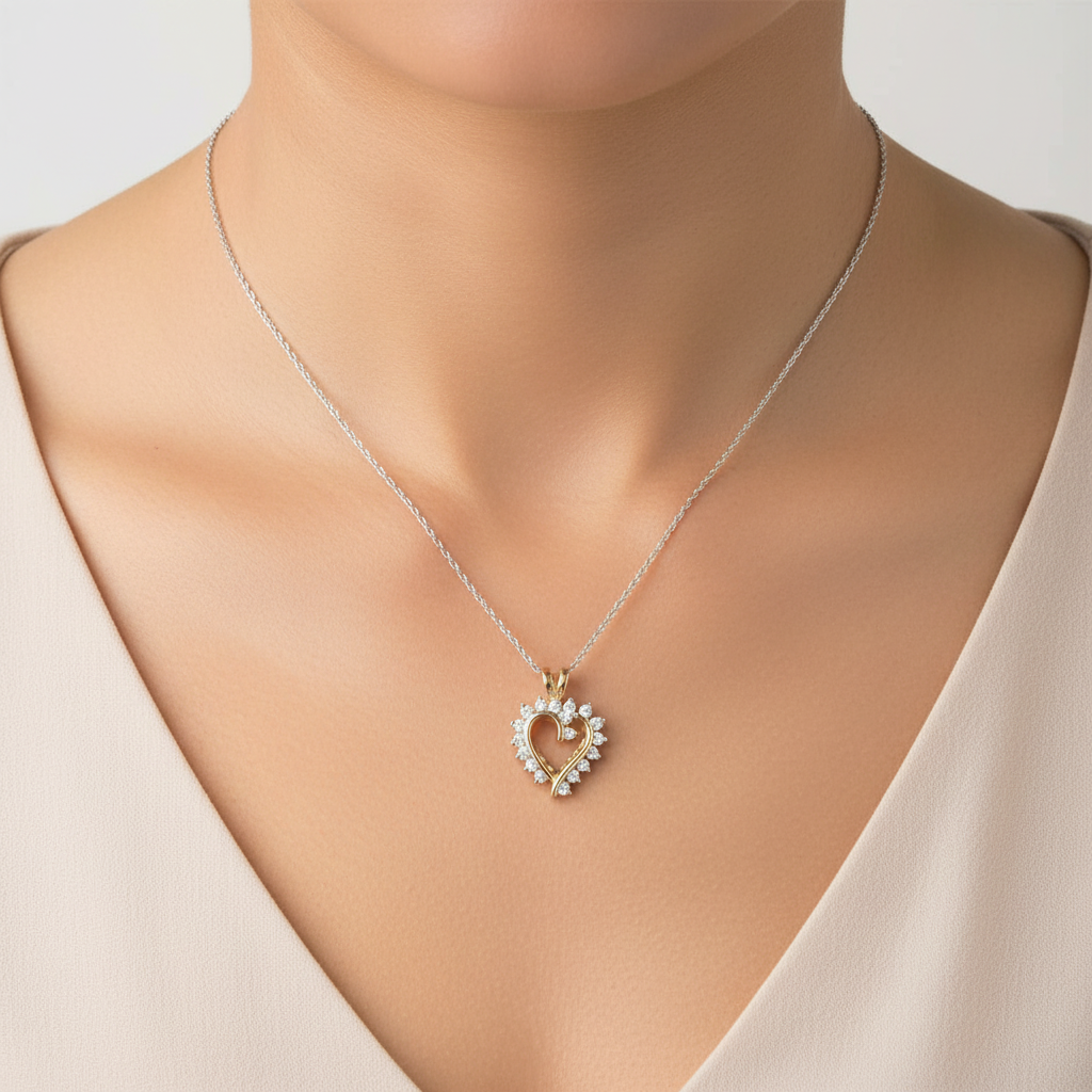 14K Yellow Gold Diamonds Heart Pendant & 16" Rope Chain - 0.36ct