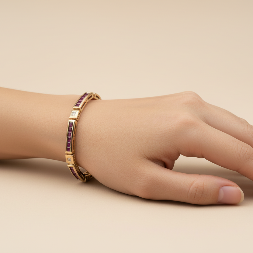 14K Yellow Gold 7.25" Diamonds & Ruby Bracelet - 0.45ct