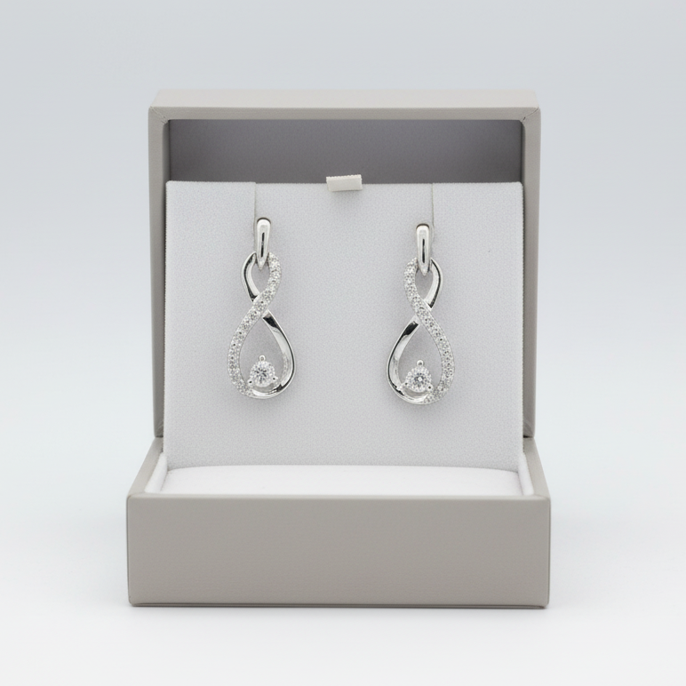 10K White Gold Diamonds Infinity Dangle Earrings - 0.15ct