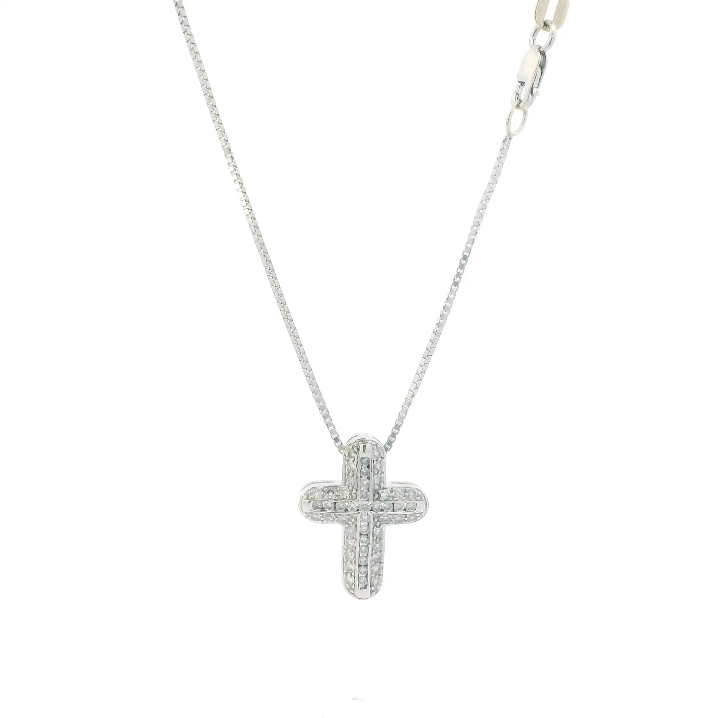 14K White Gold Diamonds Cross Pendant & 18" Box Chain - 0.34ct
