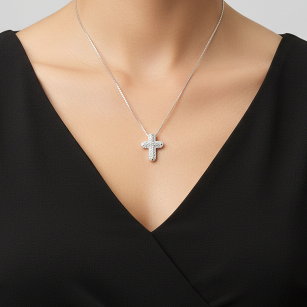 14K White Gold Diamonds Cross Pendant & 18" Box Chain - 0.34ct