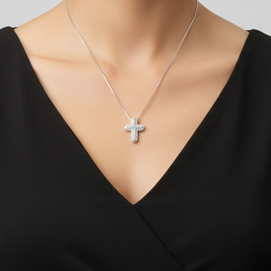 14K White Gold Diamonds Cross Pendant & 18" Box Chain - 0.34ct