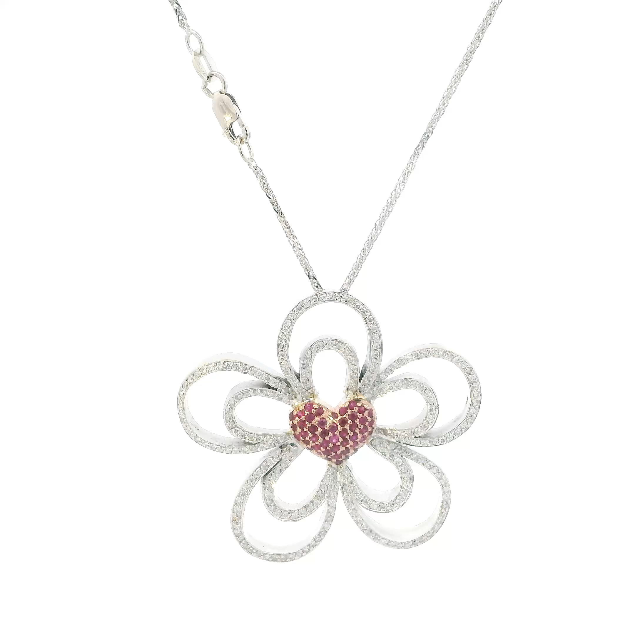 14K White & Rose Gold Diamonds & Ruby Flower Pendant & 20
