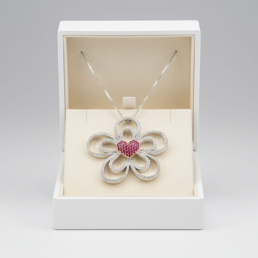 14K White & Rose Gold Diamonds & Ruby Flower Pendant & 20
