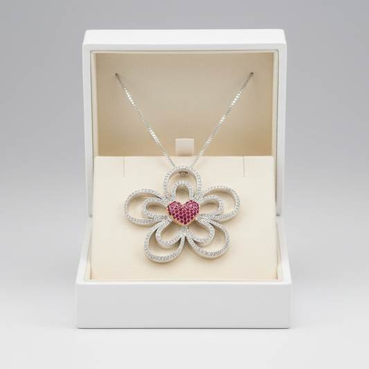 14K White & Rose Gold Diamonds & Ruby Flower Pendant & 20" Franco Chain
