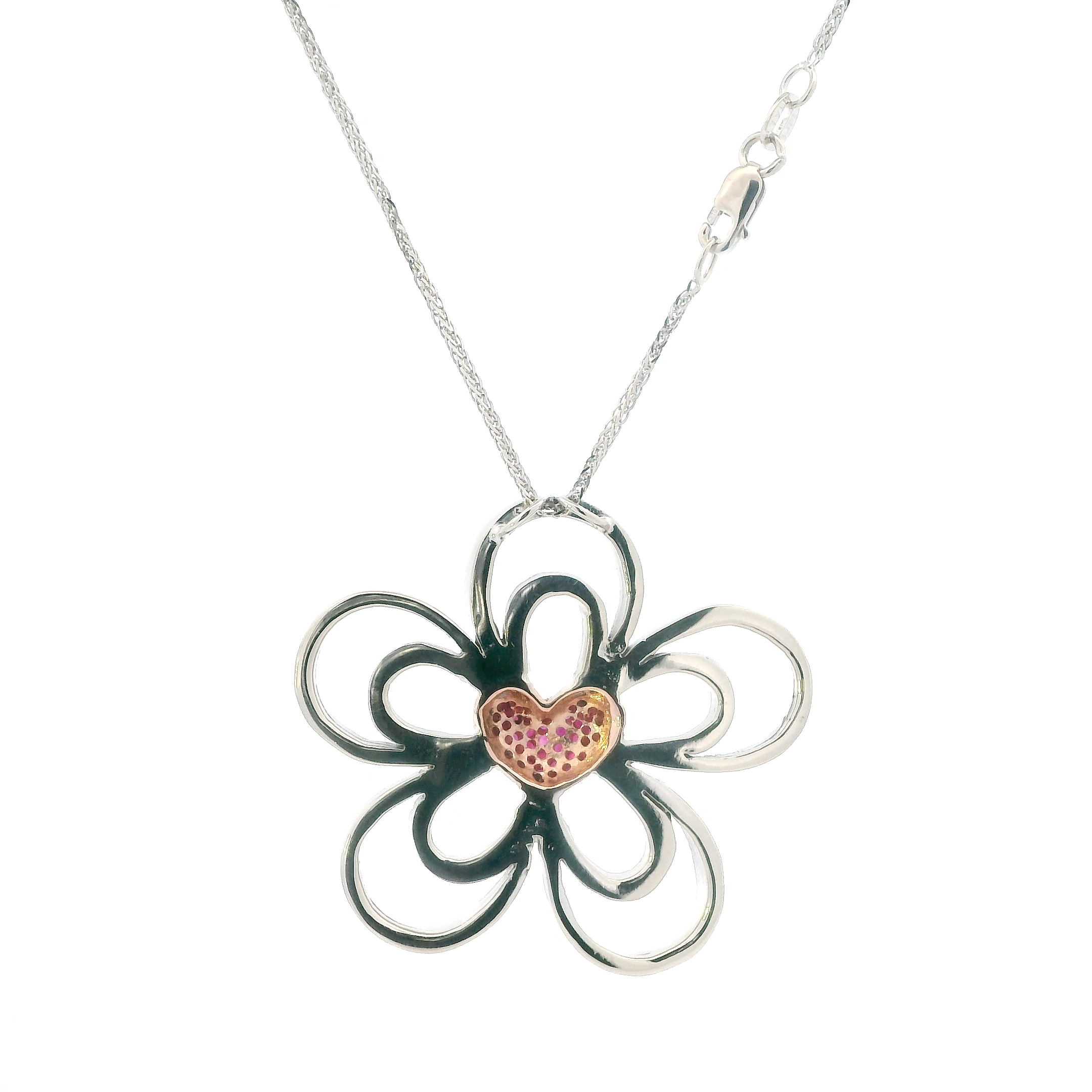14K White & Rose Gold Diamonds & Ruby Flower Pendant & 20