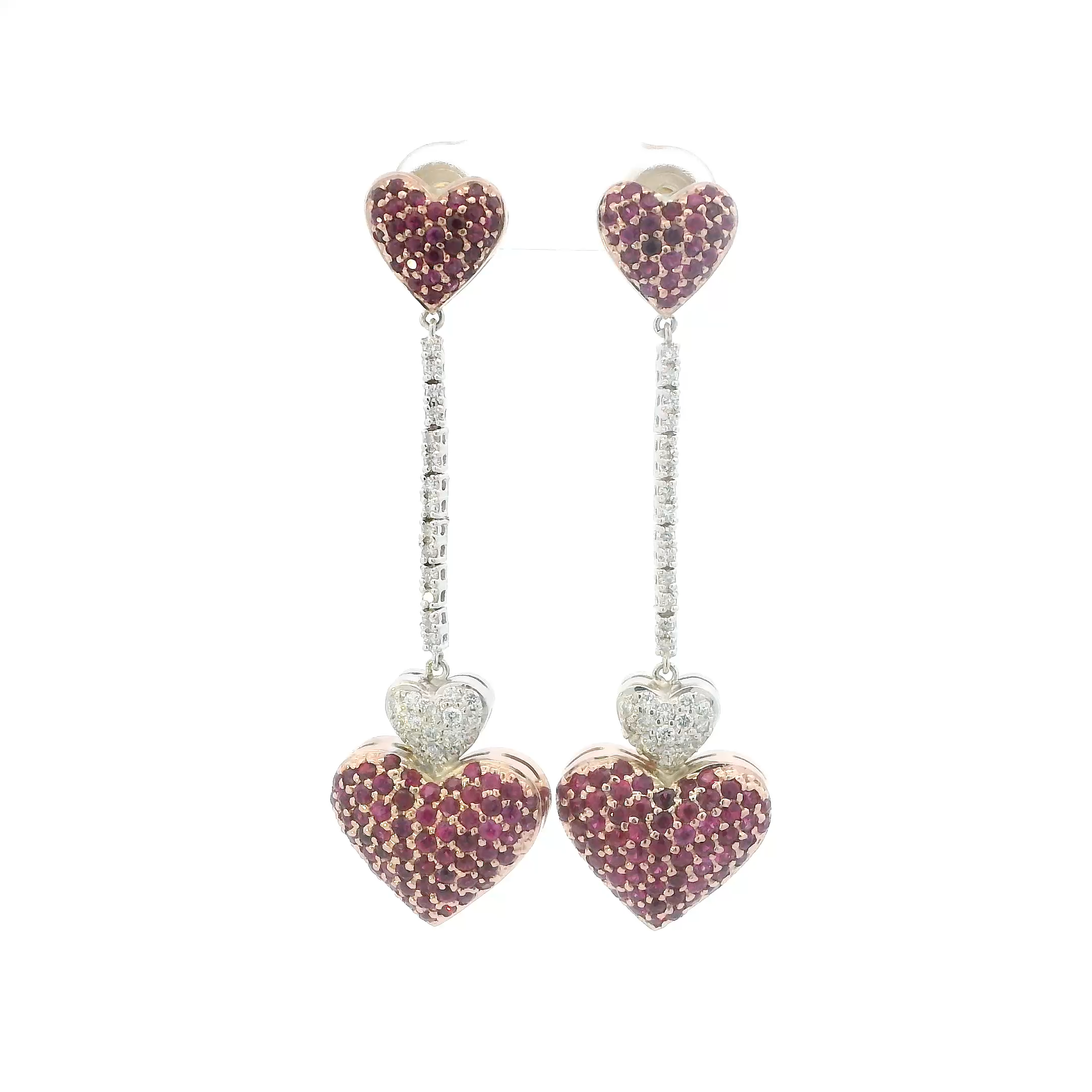 14K White & Rose Gold Diamonds & Ruby Heart Dangle Earrings - 0.64ct