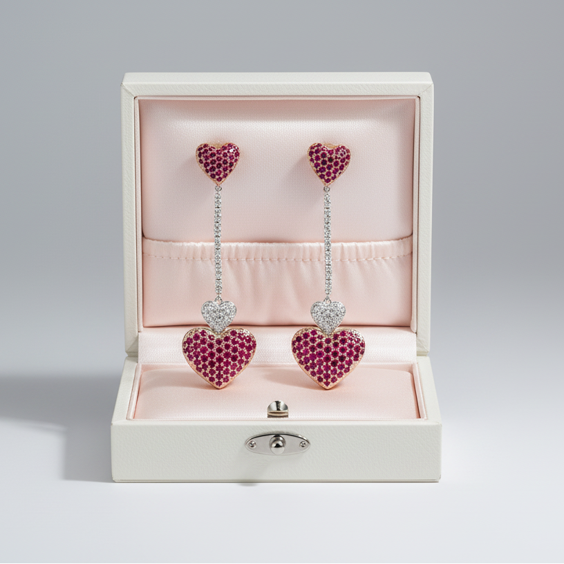 14K White & Rose Gold Diamonds & Ruby Heart Dangle Earrings - 0.64ct