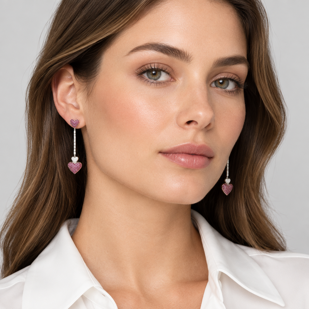 14K White & Rose Gold Diamonds & Ruby Heart Dangle Earrings - 0.64ct