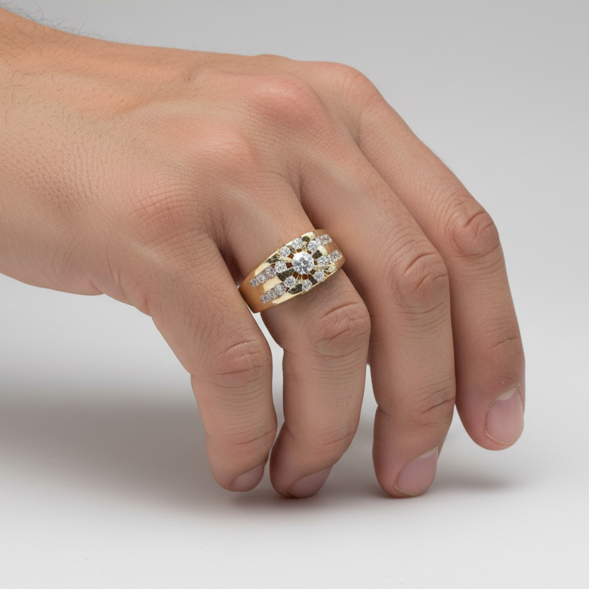 14K Yellow Gold Diamonds Mens Ring - 0.92ct