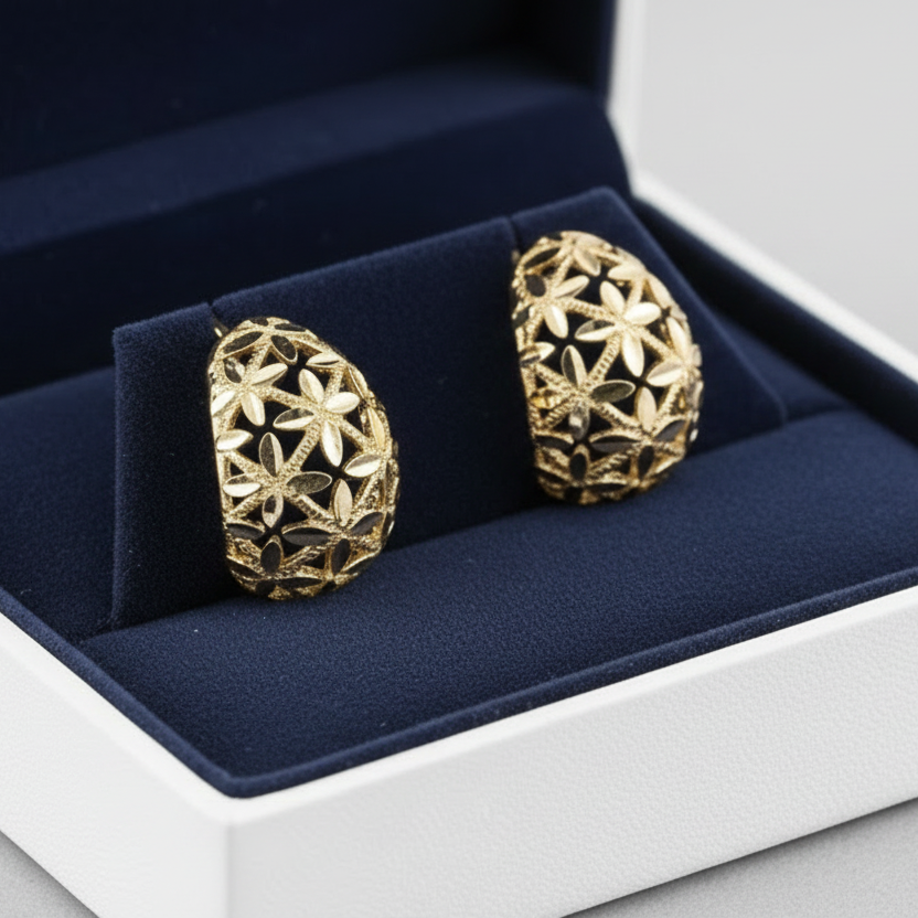 14K Yellow Gold Floral Half Hoop Earrings