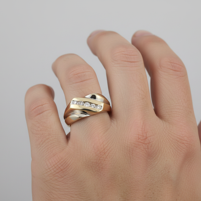 10K Yellow & White Gold Diamonds Mens Ring - 0.20ct