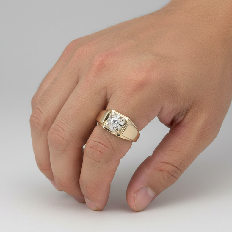 14K Yellow Gold Diamond Mens Ring - 0.26ct