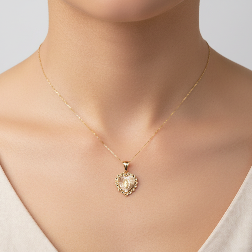 14K Yellow Gold Beaded Heart Religious Pendant