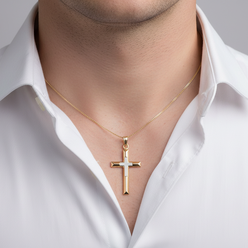 14K Yellow & White Gold Double Cross Pendant