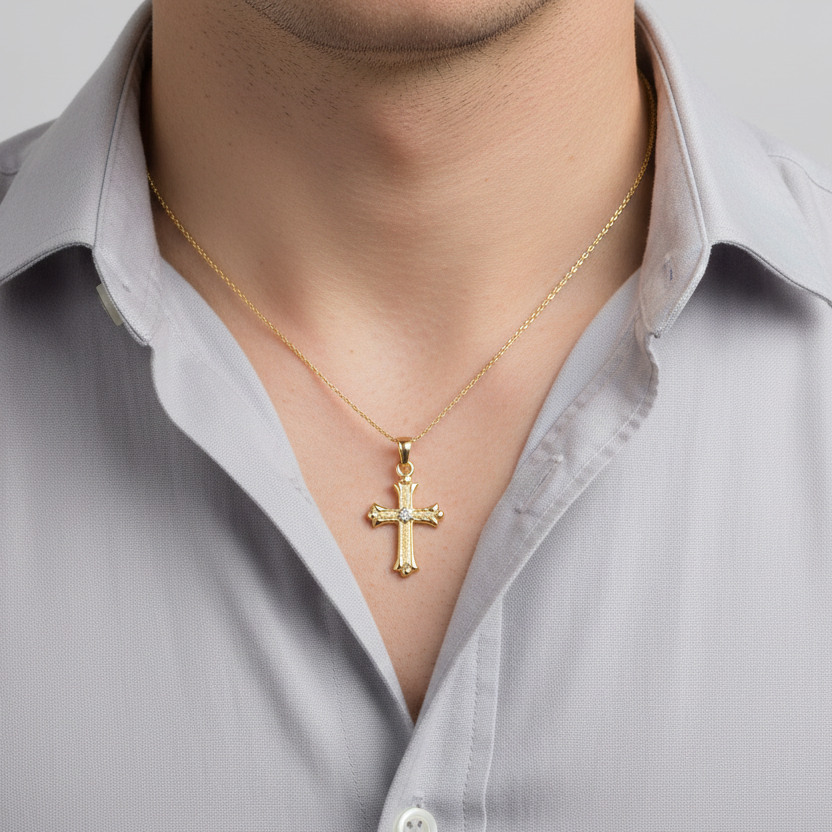 14K Yellow Gold Diamond Cross Pendant - 0.01ct