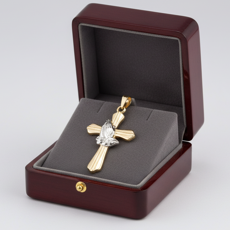 14K Yellow & White Gold Praying Hands Cross Pendant