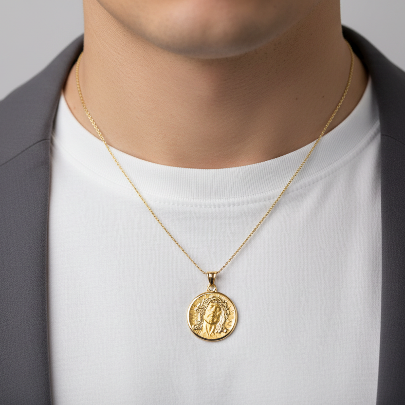 14K Yellow Gold Round Jesus Face Pendant