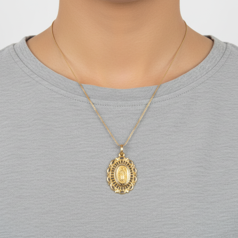 14K Yellow Gold Oval Religious Figure Pendant