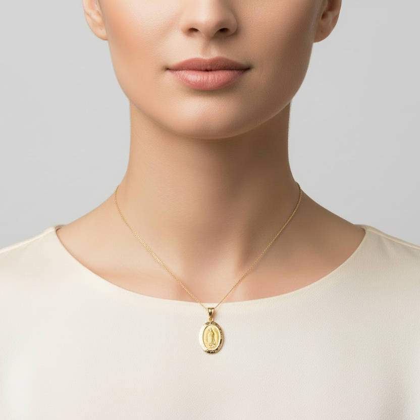 14K Yellow Gold Lady Guadalupe Religious Pendant