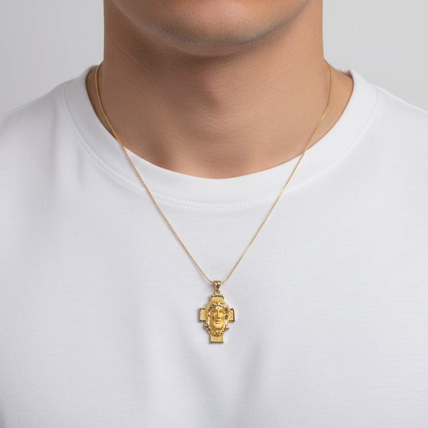 14K Yellow Gold Jesus Face Cross Pendant