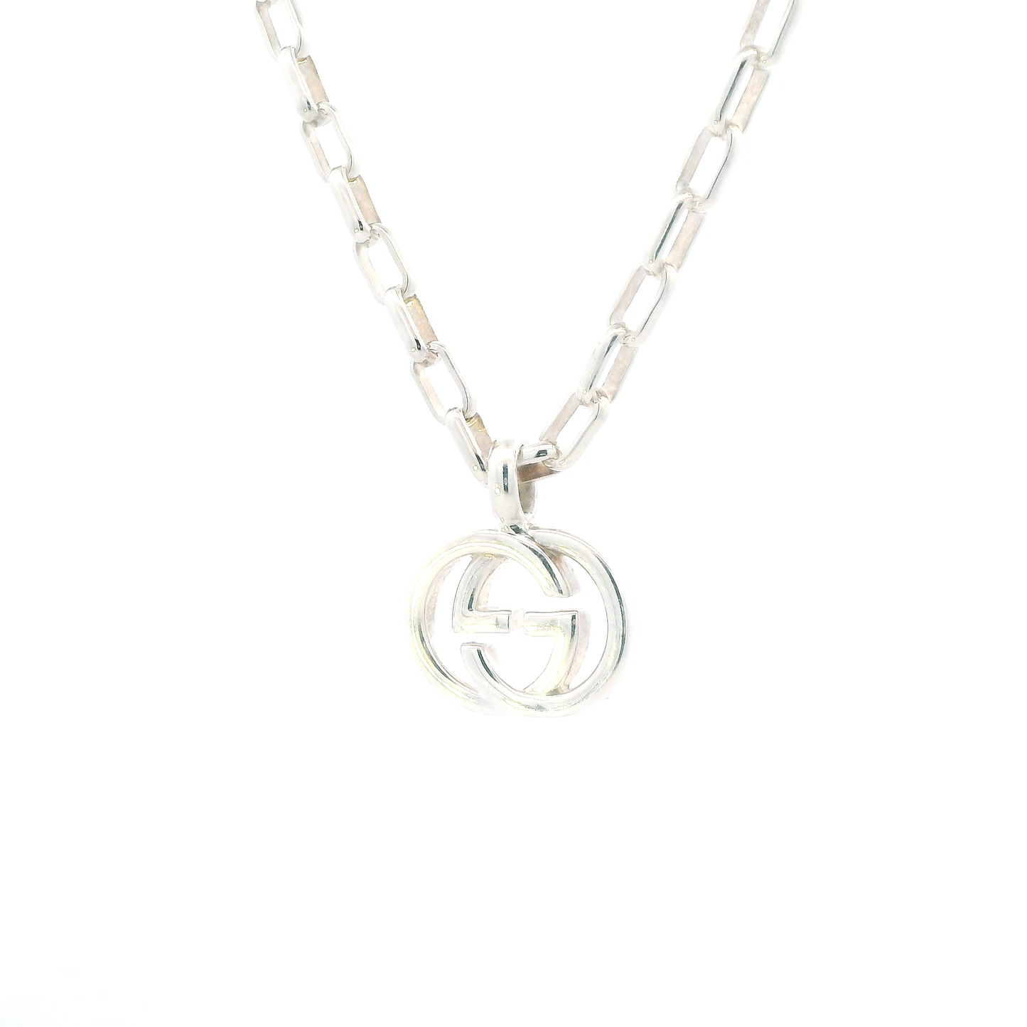 Gucci Silver Oval Link Chain & "GG" Pendant W/ Original Box