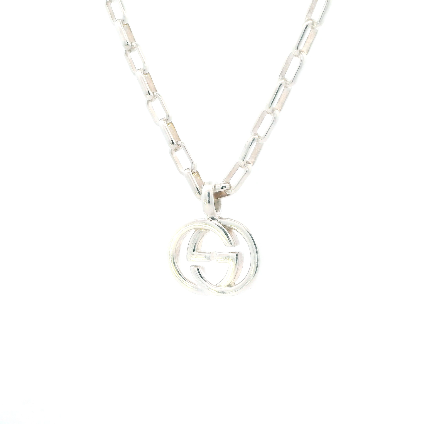 Gucci Silver Oval Link Chain & "GG" Pendant W/ Original Box
