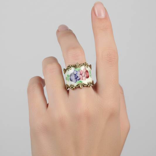 Sterling Silver Gold Tone Vargas Enamel Cigar Brand Floral Ring
