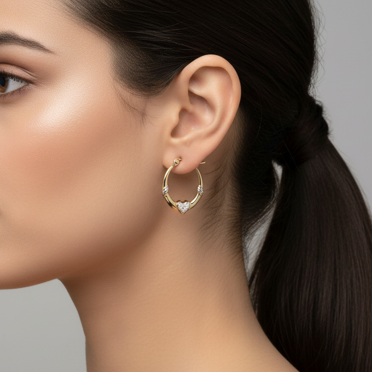 10K Yellow Gold Hollow Heart Hoop Earrings