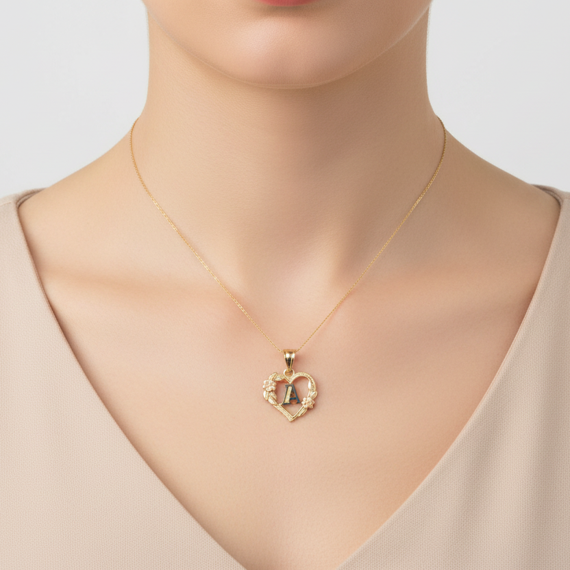 14K Yellow Gold Letter "A" Heart Pendant